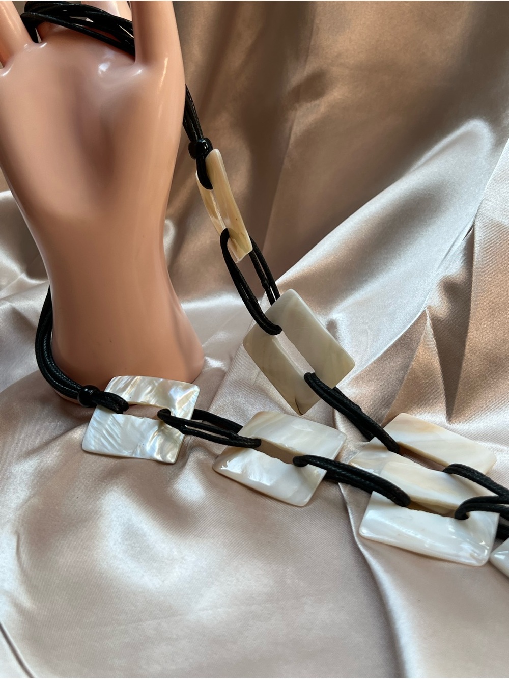 Mother-of-Pearl Link 14” Necklace with Black Cord.